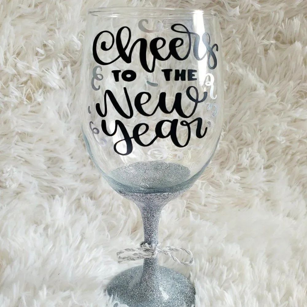Cheers To The New Year, New Year's Silver Glittered Stemmed Wine Glass